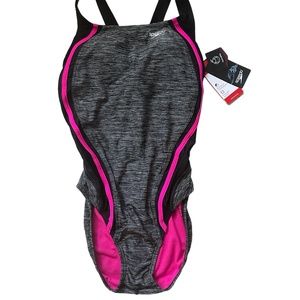 Speedo Hydro Bra Racerback One-Piece Swimsuit Size 8 Gray Pink Women's High Cut